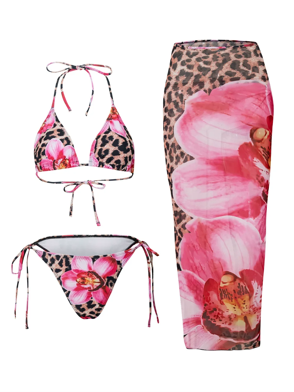 New Flower Print Bikini Set Women's High Waist Long Skirt 3 Piece Swimsuit Sexy Mini Triangle Backless Thong Bathing Suit