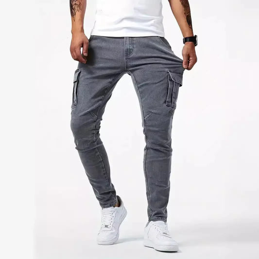 Jeans Pencil Pants Men Vintage Denims Distressed Strecth Mid Waist Washed Multiple Pockets Skinny Straight Trousers Streetwear