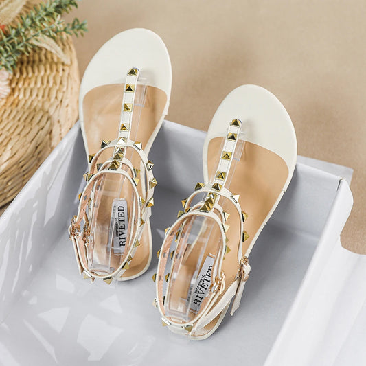 new summer outdoor women's flat sandals British style Ladies Casual Roman Flats Stylish rivet design work and party 41-43