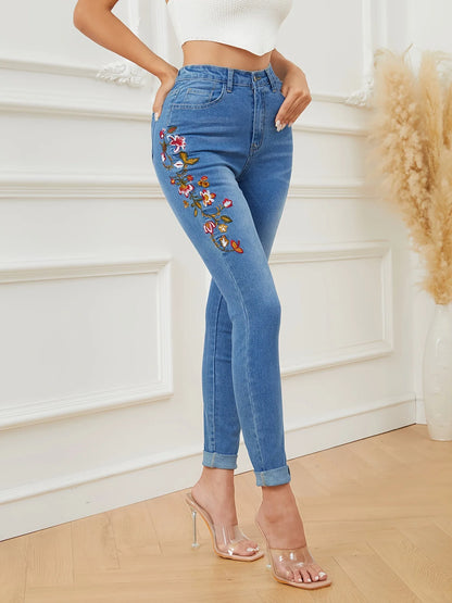 2023 Winter New High Waist Embroidered Jeans for Women Fashionable Stretch Slim Ankle-Length Denim Pencil Pants S-XL