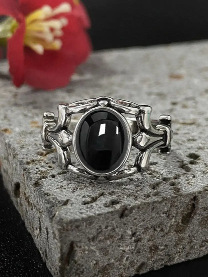 S925 Sterling Sliver Women's Ring with Natural Black Agate Moonstone Stone Hollowed-out 925 Sliver Fine Jewerly Rings for  Women