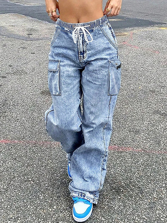 Women's Denim Cargo Pants Loose Drawstring Elastic Waisted Pockets Casual Straight Wide Leg Trousers Women's Clothing TC70235