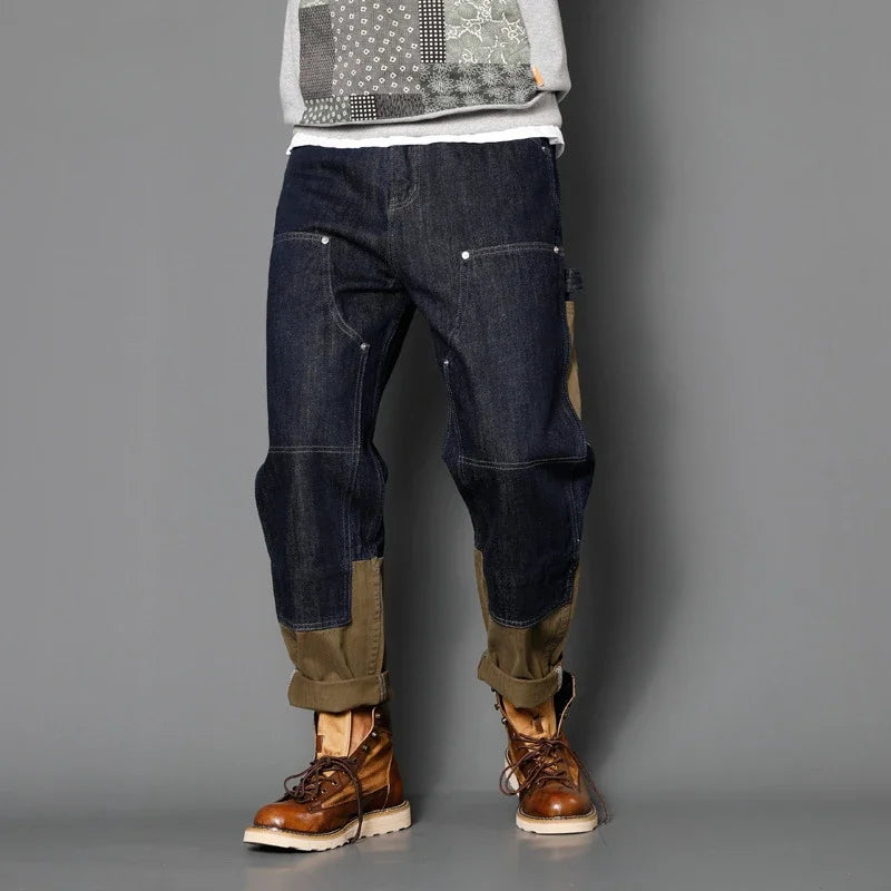 Four Seasons New Men's American Straight Jeans Pants Loose Casual Trendy Multi Pocket Spliced Denim Trousers Male Streetwear