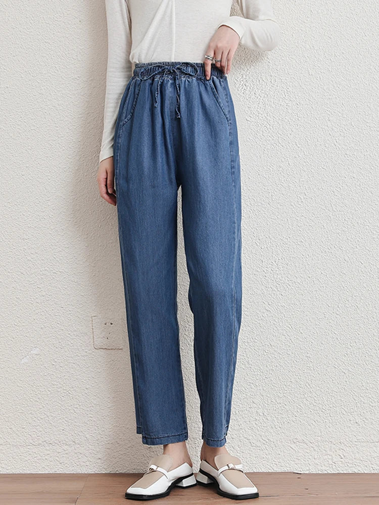 New 2025 Spring Summer Denim Jeans For Women Blue Or Sky Blue Color High Elastic Waist Wild Denim Pants Trousers Hot Sale