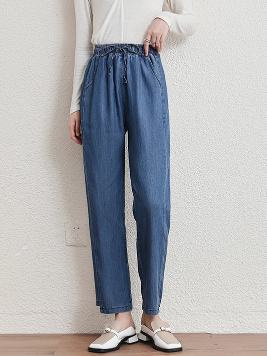 New 2025 Spring Summer Denim Jeans For Women Blue Or Sky Blue Color High Elastic Waist Wild Denim Pants Trousers Hot Sale