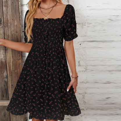 Women Print Square Neck Dress Fashion Ruffled Floral Smocked Dresses For Spring Summer Casual Dress
