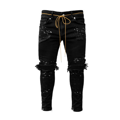 Men Long Jeans Pants Denim Pencil Pant Hole Splice Simple Slim Fit Zipper Lace Up Tight Waist Straight Trousers Autumn