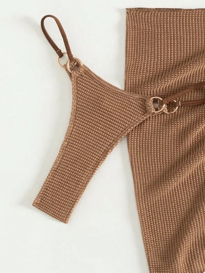Sexy Brown Bikini Set 4 Women Halter Push Up Bra Skirt 3 Piece Swimsuit Summer Bathing Suit Cover Up Thong Swimwear Biquini