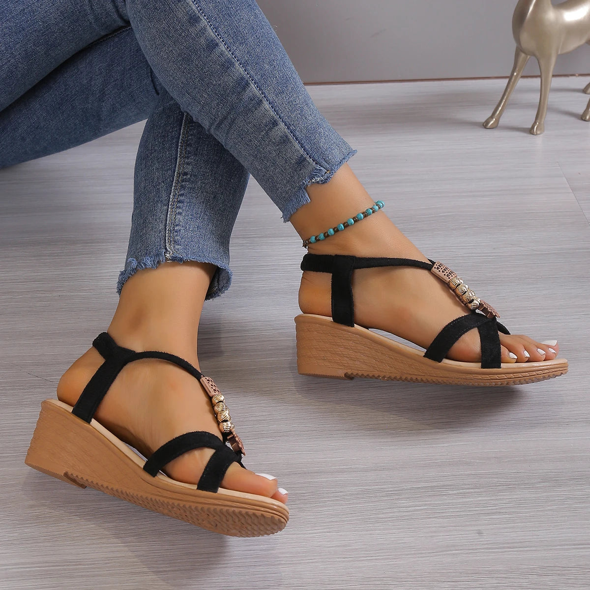 Wedge Sandals for Women Summer 2025 Comfortable Non Slip Beach Shoes Woman PU Leather Platform Roman Sandalias Mujer