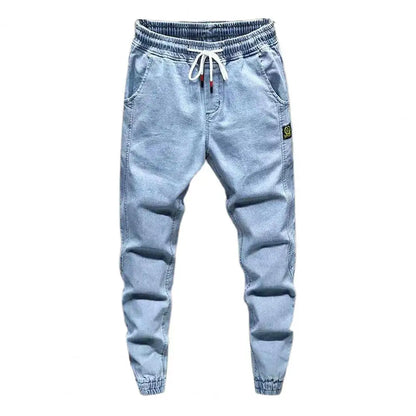 Trendy Men Jeans Elastic Waist Streetwear Bottoms High Waist Ankle Tied Harem Pants