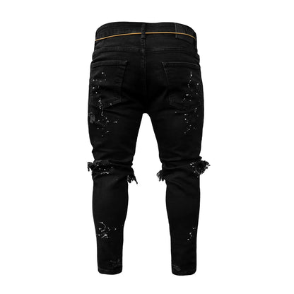 Men Long Jeans Pants Denim Pencil Pant Hole Splice Simple Slim Fit Zipper Lace Up Tight Waist Straight Trousers Autumn
