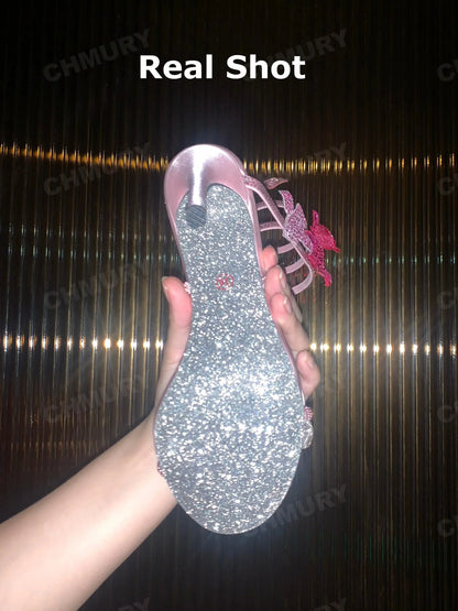 CHMURY Pink Flower Rhinestone High Heels Sandals Shoes Sexy Rose Red Luxury Designer with Wrap Strap  for Women Prom Party 2024