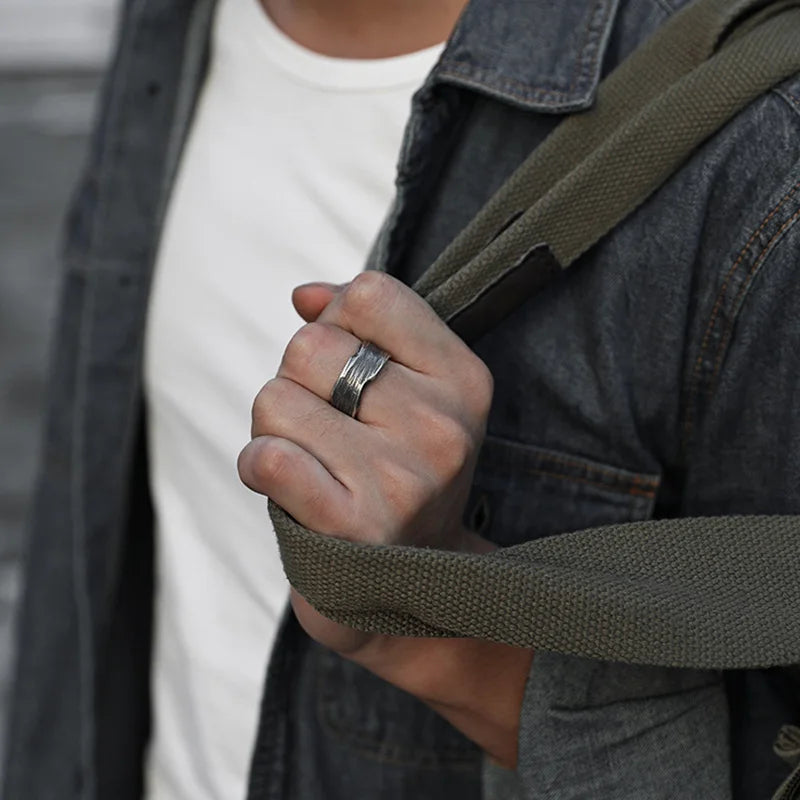 Retro Traces Strip Ring For Men Silver Color Punk Gothic Rock Hiphop Open Ring Biker Accessories Handmade Jewelry Unisex Gift