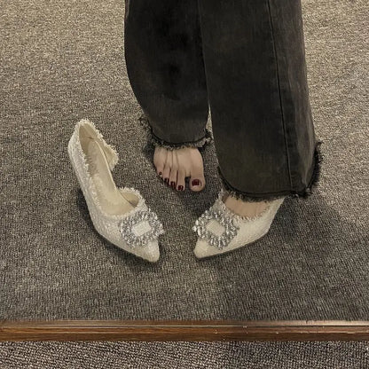 Stiletto Heels 2024 White Wedding Shoes Fashion Pointy Square Button Rhinestone Sandals Temperament Women's Women's Shoes