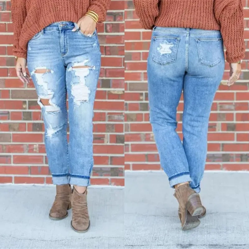 2025 New Fashionable Washed Ripped Nine-inch Jeans, Women's Spring and Summer Personality Street Mid-waisted Small-leg Jeans