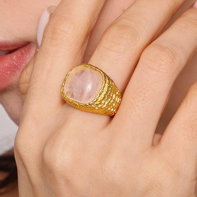 Vintage Knited Design Stainless Steel Rings For Women Pink Square Natural Stone Couple Finger Ring Waterproof Jewelry Gift