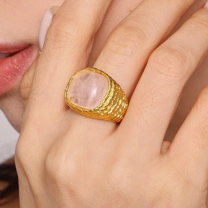 Vintage Knited Design Stainless Steel Rings For Women Pink Square Natural Stone Couple Finger Ring Waterproof Jewelry Gift