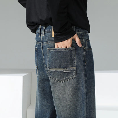 Youth Stylish Loose Fit Denim Pants Spring Retro Blue Wide Leg Jeans Soft Cotton Mid Waist Design for Daily Comfort & Durability