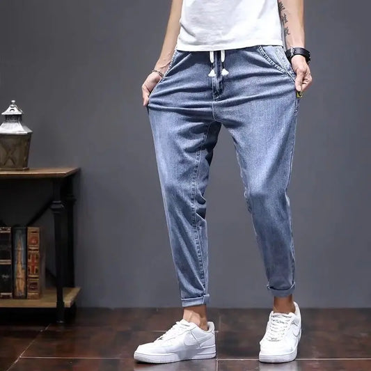 Elastic Lace Up Denim Jeans Men's Trend Versatile Pants 2022 Students Teenagers Men's Japanese Harem Leg  2022 Men's Cargo Pants