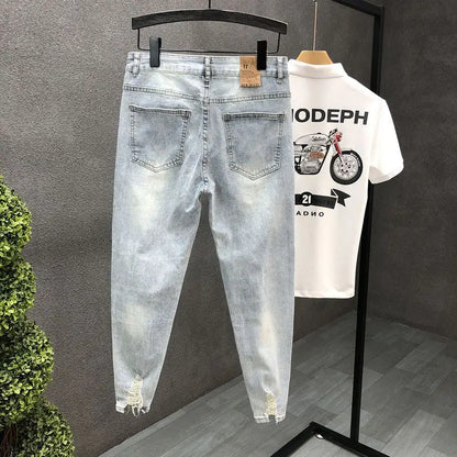 2024 New Summer Fashion Casual Slim Washed Cowboy Luxury Denim Jeans Men Solid Designer Clothes Ripped Knee Length Hem Trousers