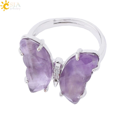 Gold Color Crystal Ring Natural Gemstone Butterfly Rings for Women Amethysts Lapis Lazui Pink Quartz Adjustable Engagement  H125