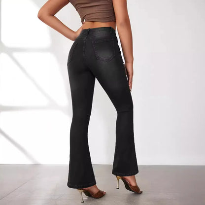 Fashionable Buckle Design Slim-fitting Micro Flared Jeans. Four Seasons New Simple Comfortable Elastic High-waisted Jeans Women