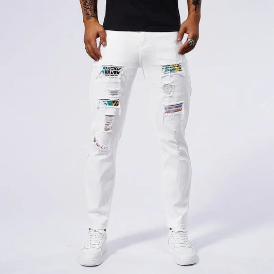 White 97% Cotton Jeans Men Clothing New Ripped Slim Patchwork Fashion Hole Skinny Elasticity Denim Trousers Male Streetwear