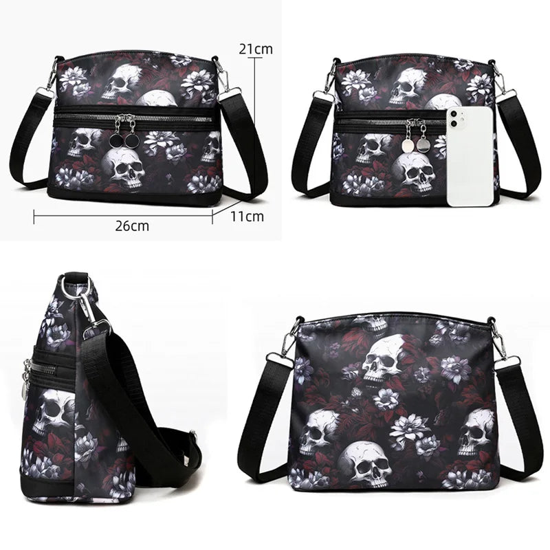 Fashion Flower Skull Pattern Crossbody Bags For Women, Large Capacity Casual Graffiti Shoulder Bag For Halloween Gift