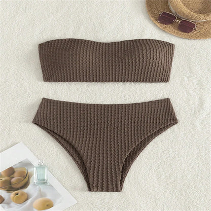 Sexy Bandeau Bikini Drawstring Backless Swimsuit Strapless Vacation Swimwears Women Trend Embossed Set Bathing Suit Beach Outfit