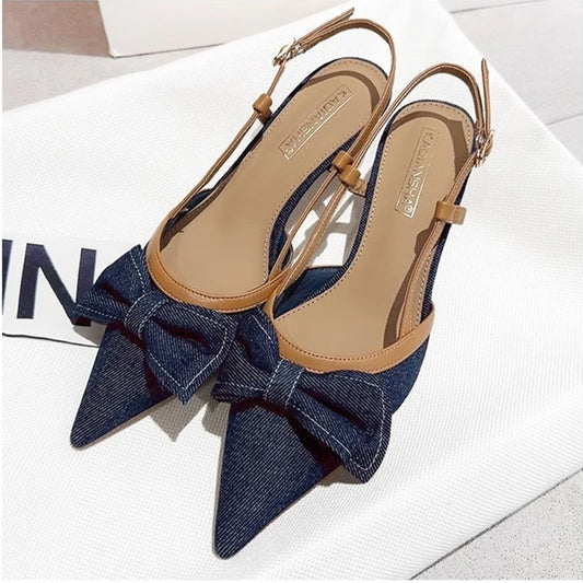 Bow Pointed Toe Heeled Sandals Women's Mid Heels Mules Shoes Elegant 2025 Fashion Party Slippers Sexy Pumps Cowboy Ladies Shoes