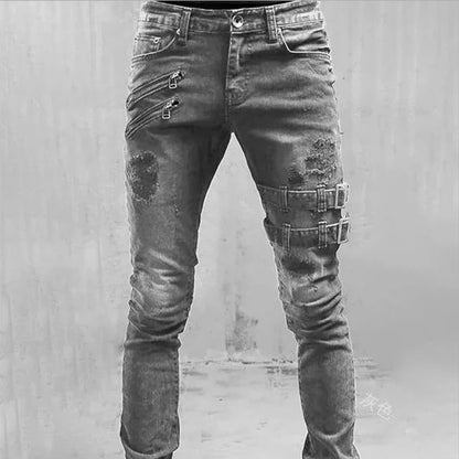 Street Skinny Ripped Jeans Men Denim Cargo Pants Wash Solid Color Casual Mid Waist Trousers Slim Daily Wear Joggers Y2K Clothing