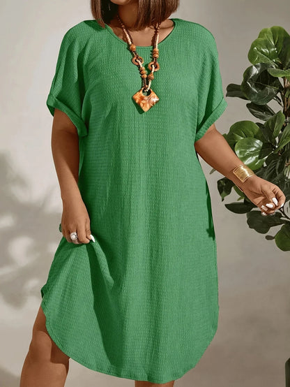 European and American large-size women's clothing 2025 summer new short-sleeved solid color dress large-size