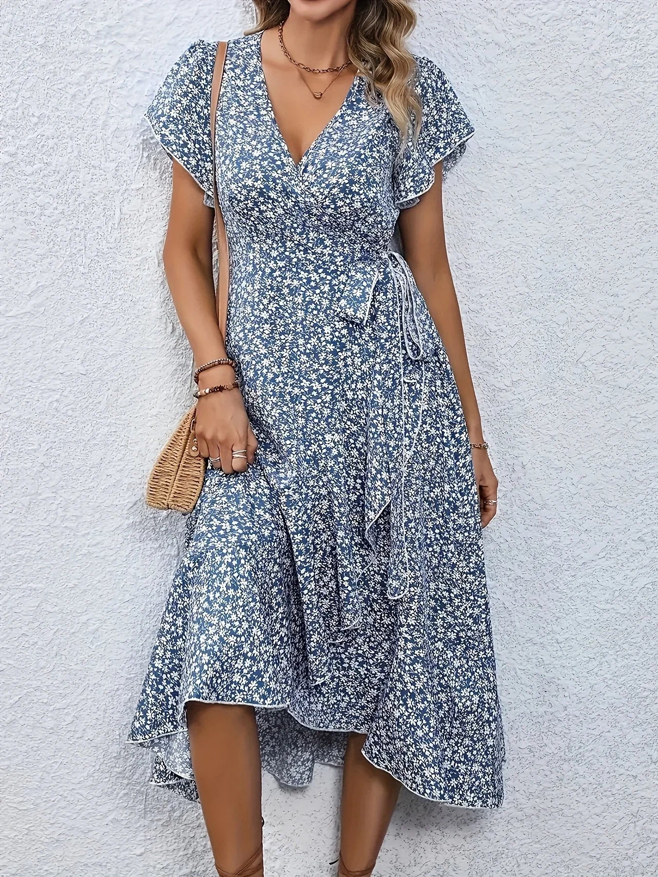 Plus Size 1XL-5XL Women's V-Neck Floral Print Dress Breathable Summer Casual Elegant Dress Sophisticated Style Long Beach Dress