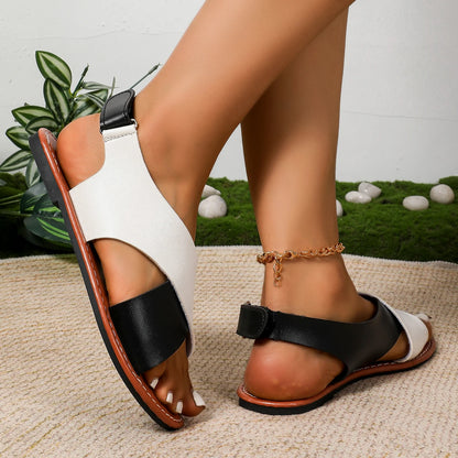 Women's Sandals 2025 Summer Women Color Block Flat Shoes Soft Pu Leather Sandalias De Mujer Summer Sandals Women Beach Footwear