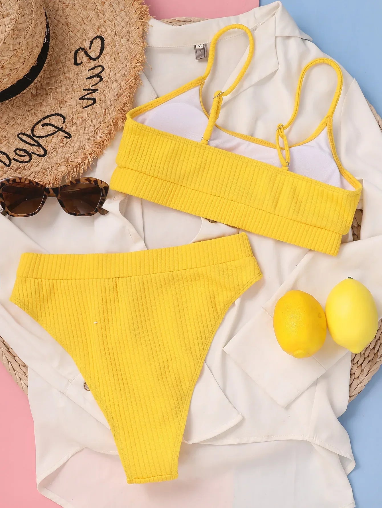 Sexy Solid Yellow Bikini High Cut Pleate Women's Swimsuit Separate Beach Bathing Suit High Waist Swimwear Biquini New