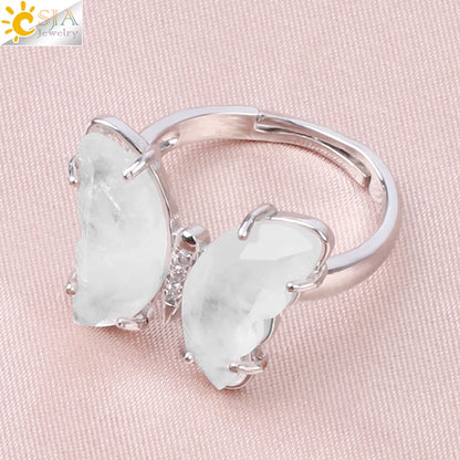 Gold Color Crystal Ring Natural Gemstone Butterfly Rings for Women Amethysts Lapis Lazui Pink Quartz Adjustable Engagement  H125