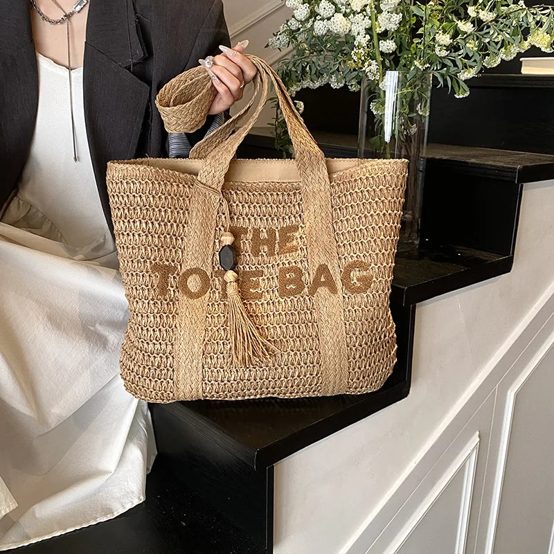 French Style Large Capacity Woven Straw Woven Bag for Women New Beach Vacation Shoulder Bag Casual Commuting Tote Bag Purse