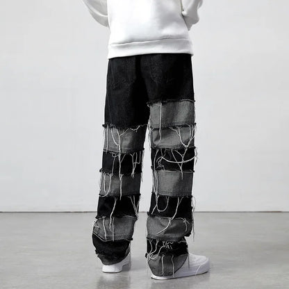 European and American New Style Whiskered Spliced Long Pants, Fashionable Men's Simple and Versatile Straight-leg Jeans.