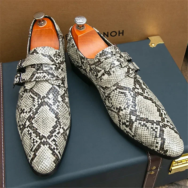 2025 Britain Gentleman Pointed Snakeskin Pattern Casual Shoes For Men Monk Strap Loafers Formal Wedding Dress Footwear