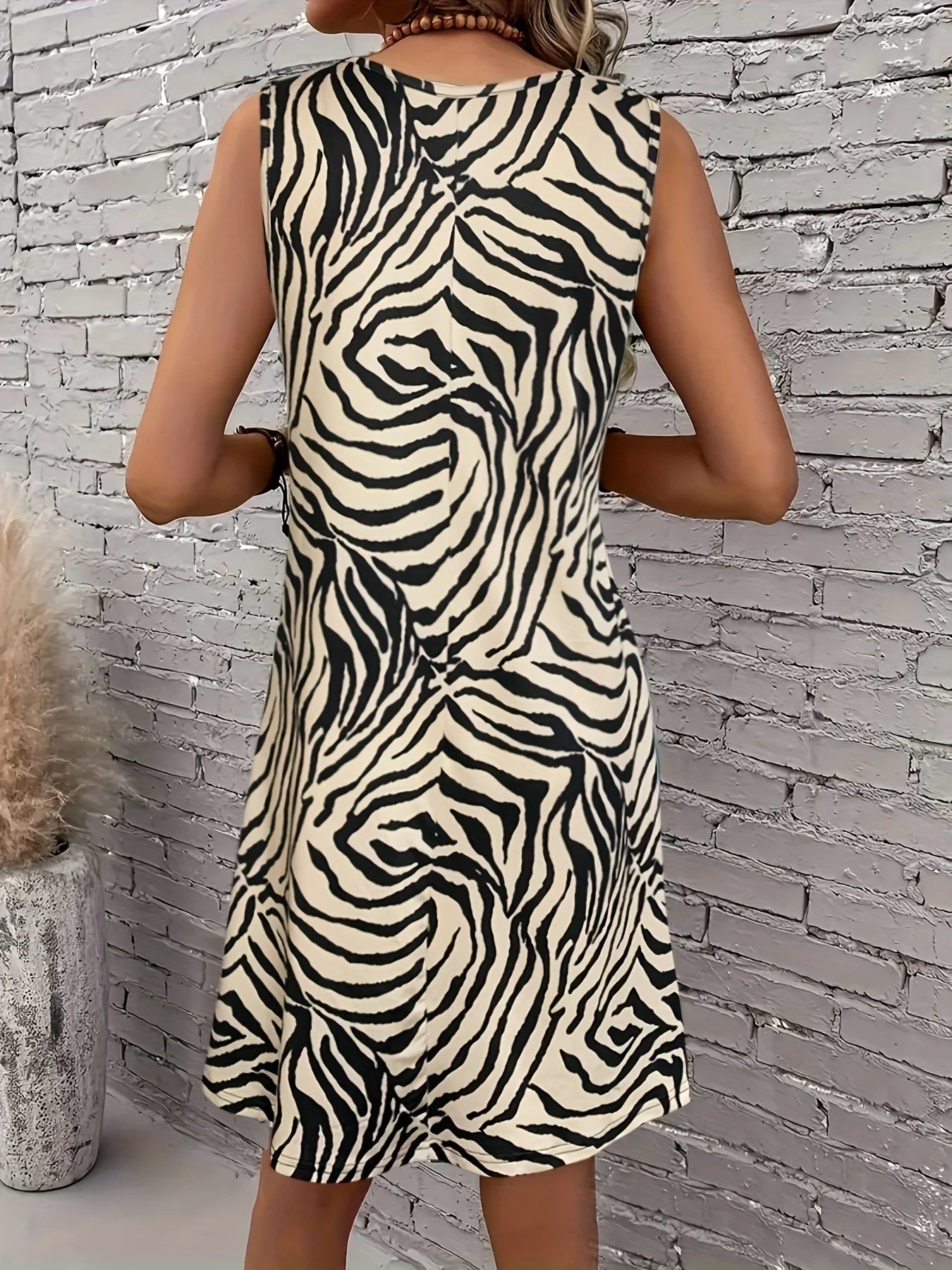 Women's Zebra Print Sleeveless Tank Dress - Round Neck Summer Sundress, Casual Vacation Outfit, Stretchy Bodycon Mini Dress
