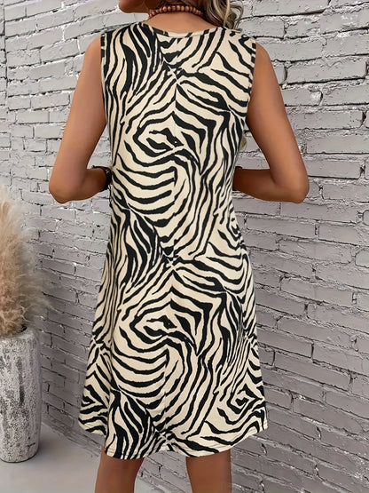 Women's Zebra Print Sleeveless Tank Dress - Round Neck Summer Sundress, Casual Vacation Outfit, Stretchy Bodycon Mini Dress