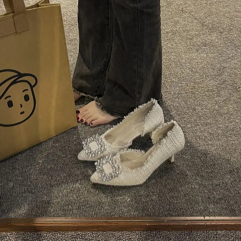 Stiletto Heels 2024 White Wedding Shoes Fashion Pointy Square Button Rhinestone Sandals Temperament Women's Women's Shoes