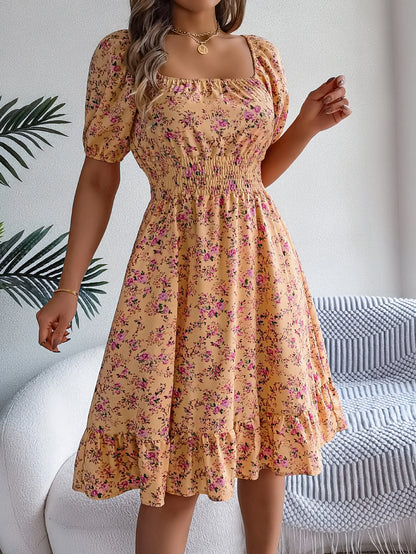 Spring and Summer Elegant Dress Floral Print Short Sleeved Square Neck Women's Ruffled Edge Dresses