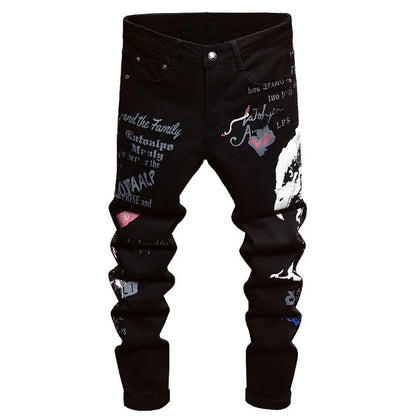 2025 Spring and Autumn New Fashion Trend Printed Black Straight Leg Jeans Men's Casual Comfort Breathable High Quality Pants