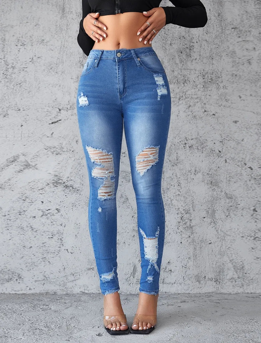 Ankle Length Ripped Hole High Waist Jean Sheath Pencil Denim Pants Skinny Solid Pockets Streetwear Distressed Vintage Slim