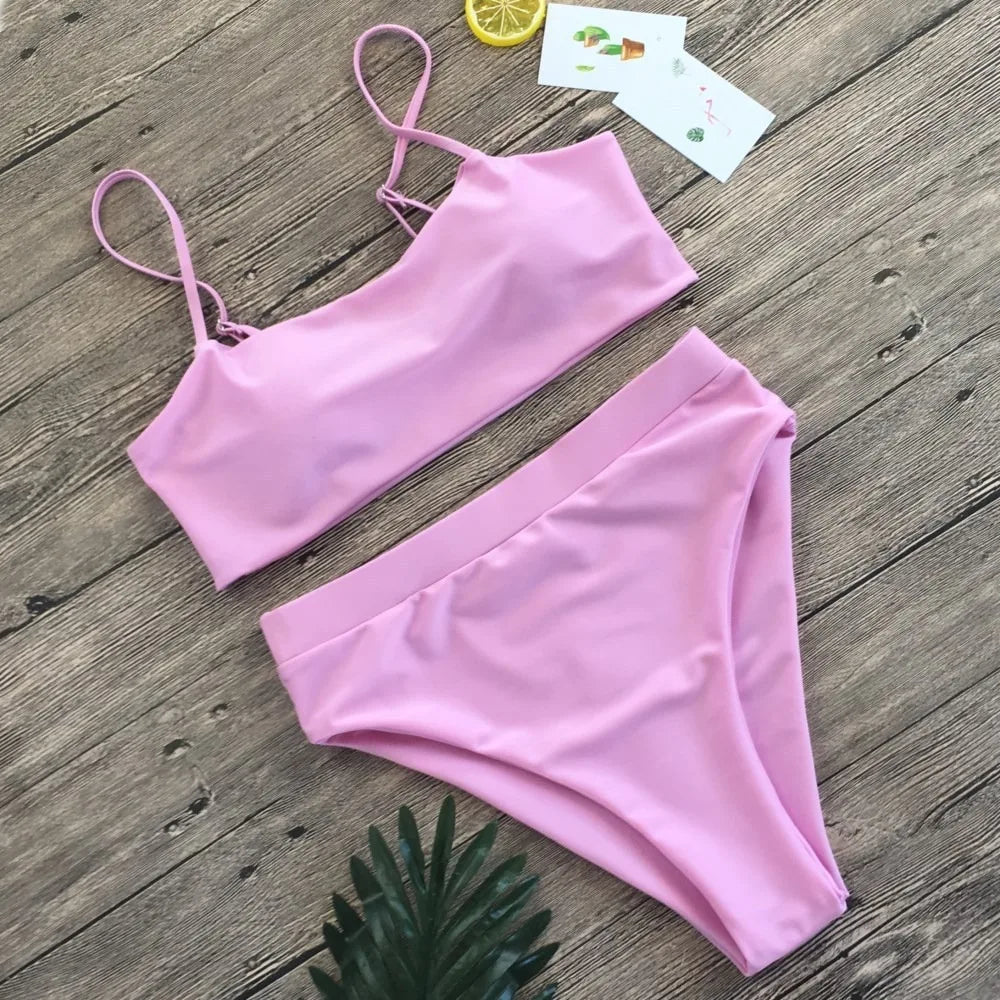New Bikini High Waist Sling Sexy Bikini Women Swimwear Fashion Swimsuit Padded Bathing Suit Monokin Pure Color Women