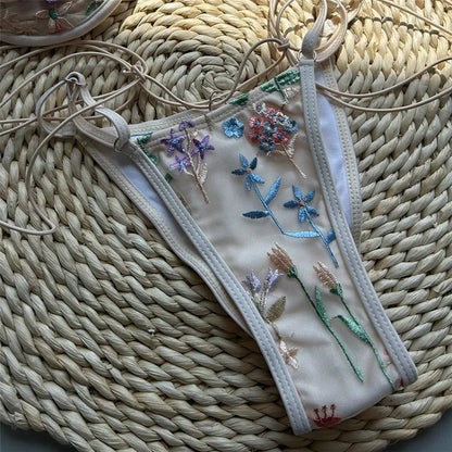 Beige Shiny Flower Embroidery Swimwear Thong Micro Push Up Bikini Set Sexy Swimsuit Women 2025 Bathing Suit String Bikinis Mujer