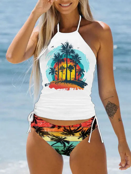 Women's Bathing Suit Coconut Drawstring Side Halter Neck Tankini Set Summer Beach Wear Cute Swimwear Women Swimsuit Sexy Bikini