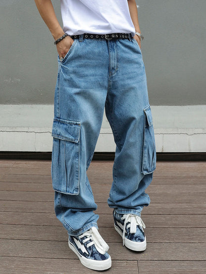 Men's Baggy Cargo Pants Light Blue Washed Denim Multi-Pocket Wide-Leg Jeans Vintage Look Loose Fit Streetwear Style