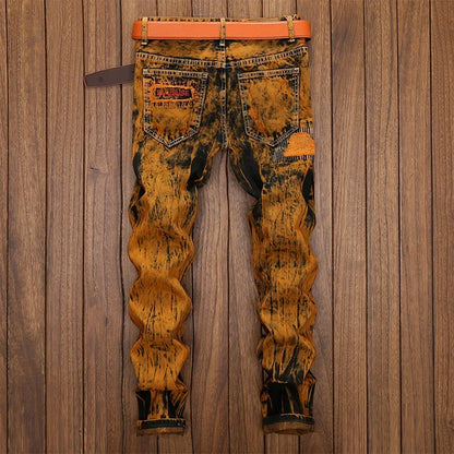 Autumn New Vintage Jeans Men's Ripped Straight Slim-fit Jeans Patchwork Personalized Distressed Hip-hop Streetwear Man Clothes